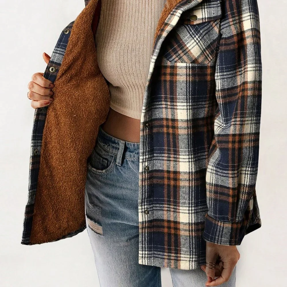 Blue Casual Womens Plaid Print Teddy Lined Hooded Coat - Picture 3 of 4